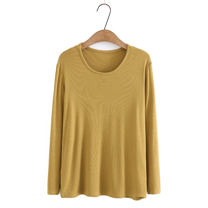 Autumn T-Shirt Women Clothing High Stretch Slim Fit Cotton Tops Basics O-Neck Long Sleeve Solid Tees