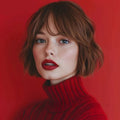Woman wearing a red turtleneck sweater against a red background, Obroi