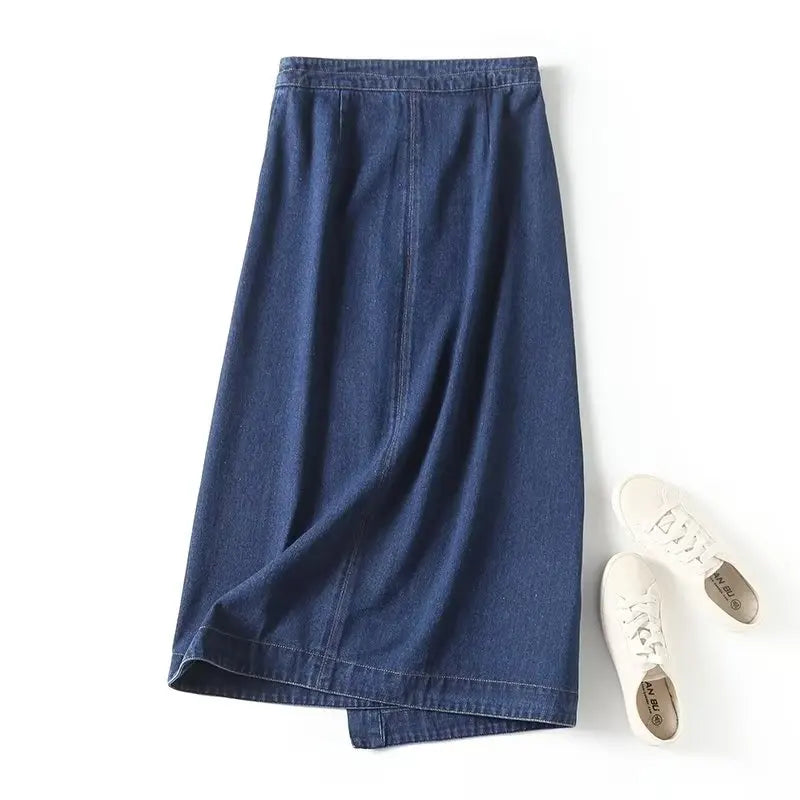 Lady Elegant High Street Denim Skirt Women High Waist Asymmetric Midi Skirt Ladies