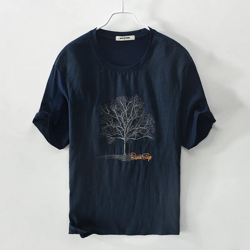 Embroidery Black T Shirts Men Linen Round Neck Embroidered Casual T-Shirt For Men Tops