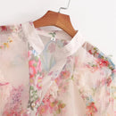 Flower Mesh Shirt Women's Pearl Buttons Tiered Transparent Blouse Short Top