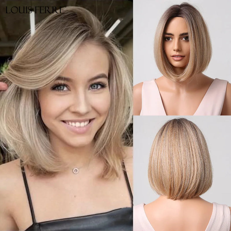 Brown Highlight Short Straight Hair Wig Bob Wigs With Bangs for Women