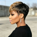 Pixie Cut Wig Wig Bangs Black Blonde Curly Layer Real Human Hair Wig For Women Females Daily Gathering Wear