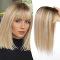 Blonde hair extension shown on a person and close-up on a white background, Obroi