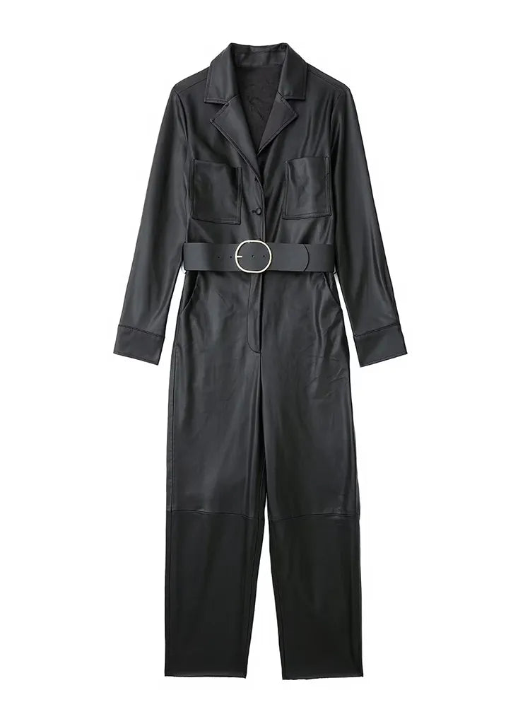 Women Black With Belt Faux Leather Jumpsuit Long Sleeve Elegant Female Overalls