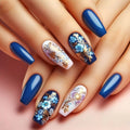 Medium long fake nails for women girls gradient blue golden red black flowers glossy ballet square tips press on false nail art