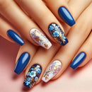 Medium long fake nails for women girls gradient blue golden red black flowers glossy ballet square tips press on false nail art