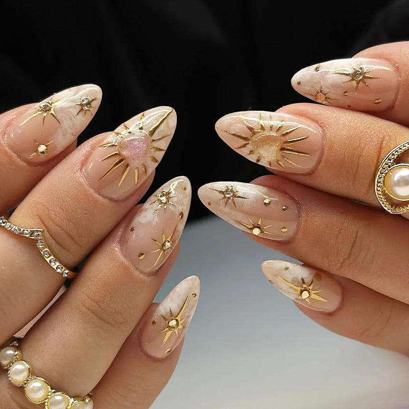 24Pcs Simple Fake Nails with Short Almond Head Nail Patch Gold Pattern Wearable Press on False Nail