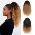 Woman with styled hair and a close-up of a hair extension with ombre color, Obroi