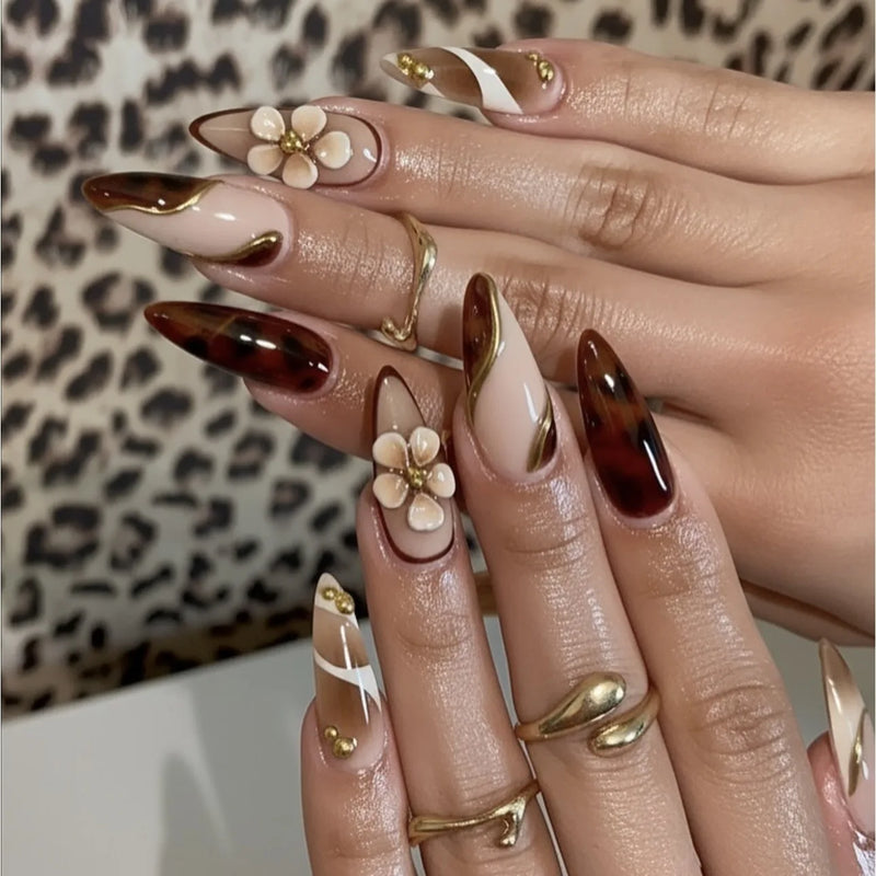 Nails for women girls Gradient brown blue embossed flowers fall winter almond tips press on false nail