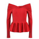 Spring Collection Slash Neck Striped Ruched Knitting Women Sweater