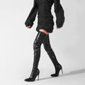 Women Boots Knee-High Pointy Toe with Slim Calf Fit Black Leather Upper Heel Design