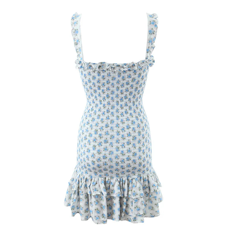 Summer Sweet Floral Elastic Tight Mini Dress Cute Chic Ruffles Backless Straped Dresses