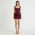 Women's Satin Ruched Mini Dress Square Neck Corset Bodycon Party Dress