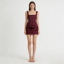 Women's Satin Ruched Mini Dress Square Neck Corset Bodycon Party Dress