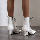Winter Women Ankle Boots Leather High Block Heels Office Ladies Lace Up Pointed Toe Zipper Short Boots