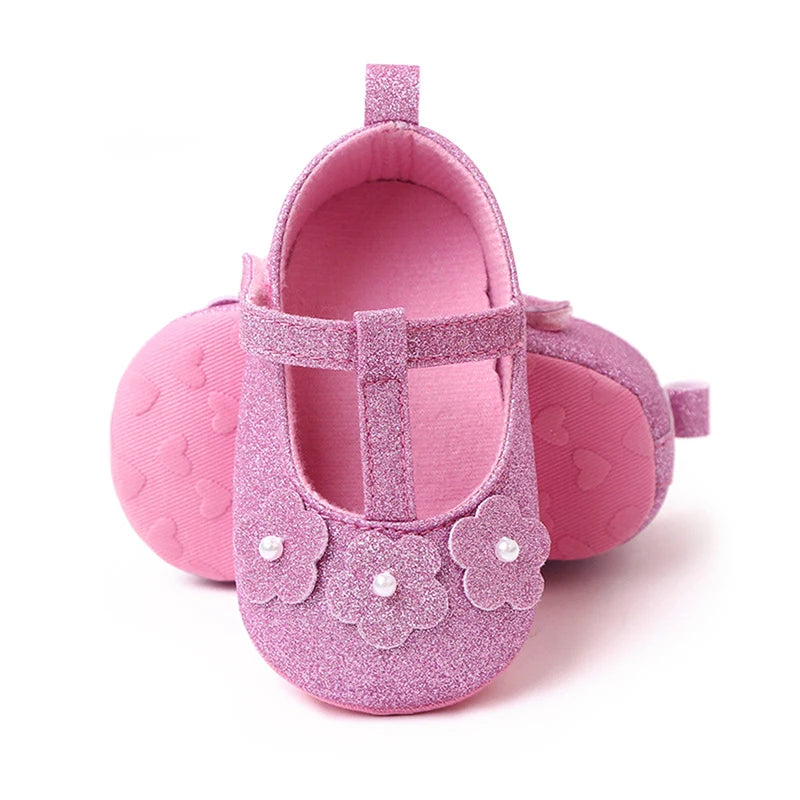 Baby Girls Flat Shoes Soft Sole Shiny Flower Pearls Non-slip Indoor Outdoor Toddler Shoes