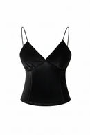 Black satin camisole with thin straps on a white background, Obroi