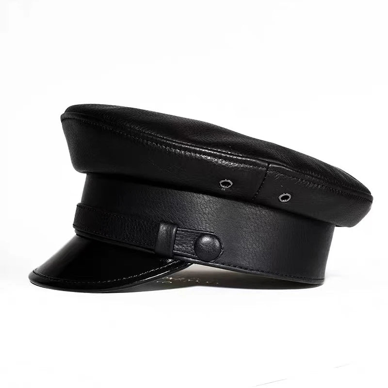 Leather Marine Captain Hat for Men Retro British German Short Brim Flat Top Military Caps Navy