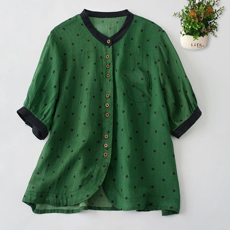 Spring Summer Dot Cotton Linen Blouse Shirt Button Elegant Office Ladies Women Casual Loose Tops