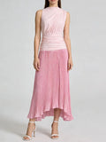 Woman wearing a pink pleated dress on a white background, Obroi