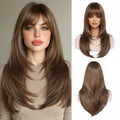 Long Straight Wigs For Women Brown Layered Hair Wigs With Bangs Daily Natural Wigs