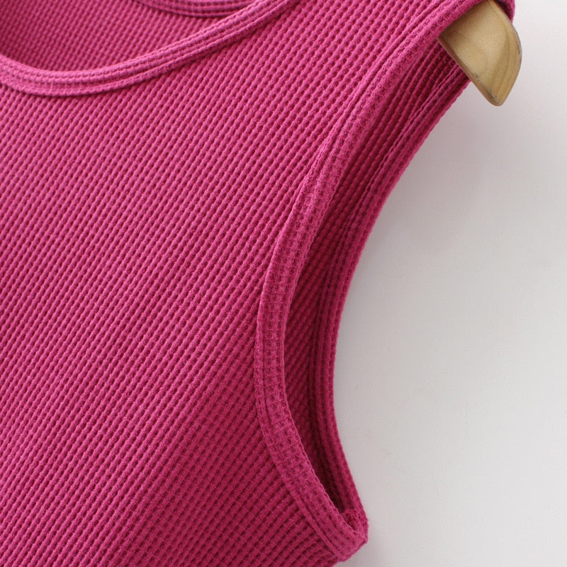 Women Spring Summer Waffle O-Neck Sleeveless Bottoming Vest Oversize Curve Clothes