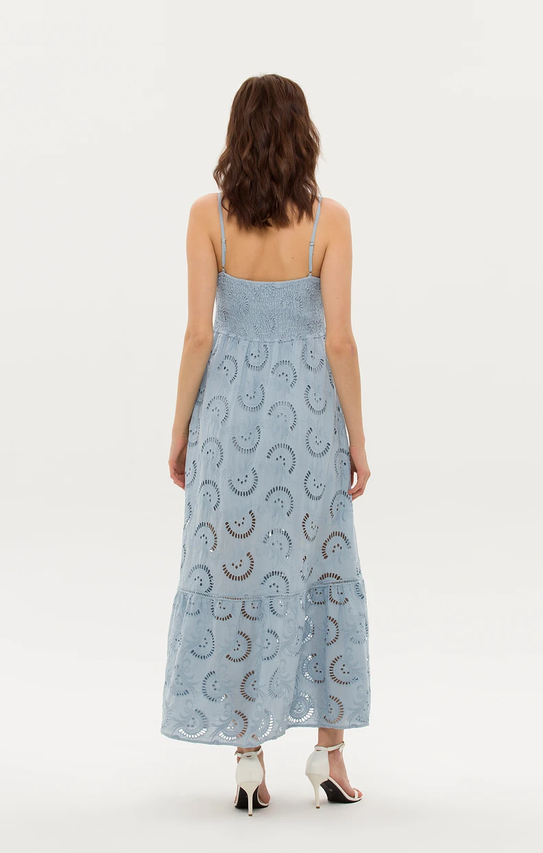 Women Embroidery Hollow Out Summer Strap Cami Maxi Long Dresses Casual Split Streetwear