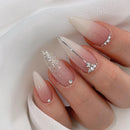 24Pcs Almond Nails Set Press on Nude Rhinestone with Design Nail Reusable Artificial Full Cover False Nails Tips