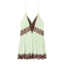 Light green dress with brown lace details on a white background, Obroi