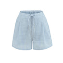 Retro Women Summer Plaid Straight Shorts Bow Drawstring Waist Wide Leg Loose Casual Short Pants