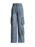 Women Denim Pants Multi Pocket Straight Jeans High Waist Loose Casual Long Denim Trousers Spring Autumn