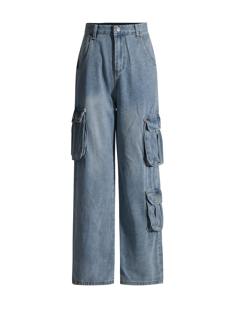 Women Denim Pants Multi Pocket Straight Jeans High Waist Loose Casual Long Denim Trousers Spring Autumn