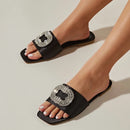 Open Toe Casual Flat Heels Women Slippers Crystal Square Buckle Slides Shoes