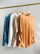 Elegant Ladies Solid Color Silk Satin Shirt Spring New Women Lantern Sleeves Single-Breasted Turn-Down Collar Blouse