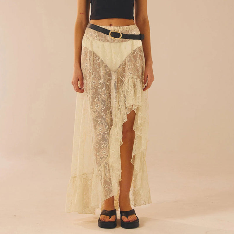 Women Lace Long Skirts High Waist Hem Ruffle Midi Skirts Flowy Skirts Streetwear