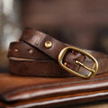 Retro Narrow Genuine Leather Women Belt Pure Copper Button Western Jeans Belt Women Belt