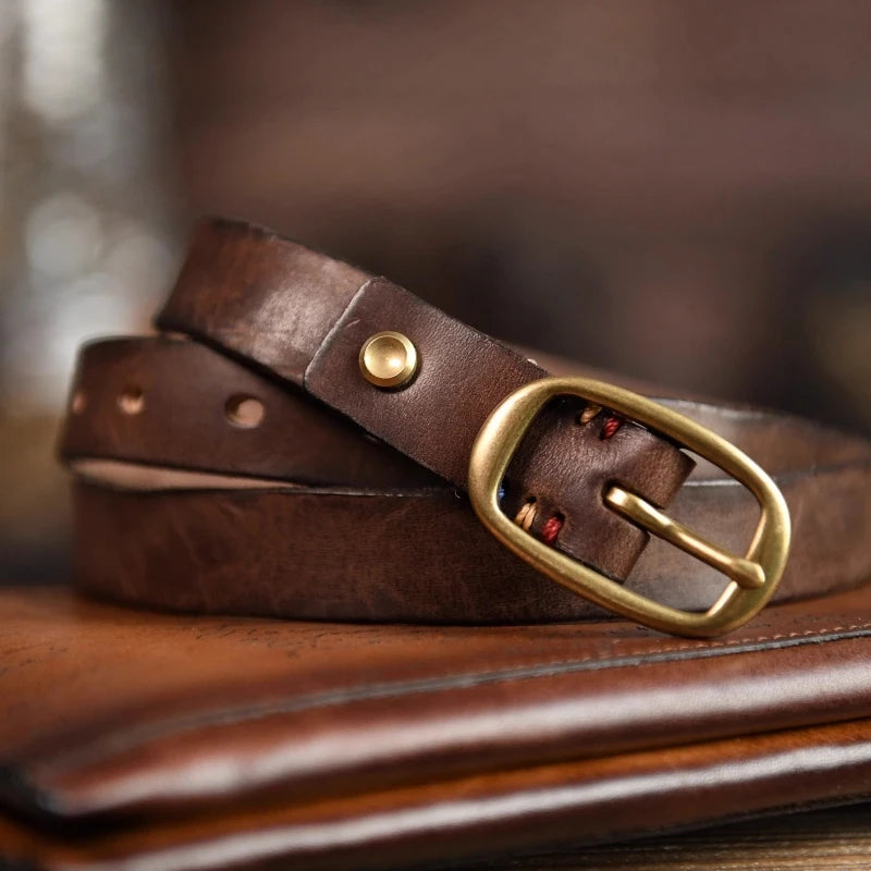 Retro Narrow Genuine Leather Women Belt Pure Copper Button Western Jeans Belt Women Belt