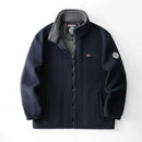 Navy blue jacket with gray collar on a white background, Obroi