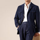 Navy blue suit with white shirt on a beige background, Obroi