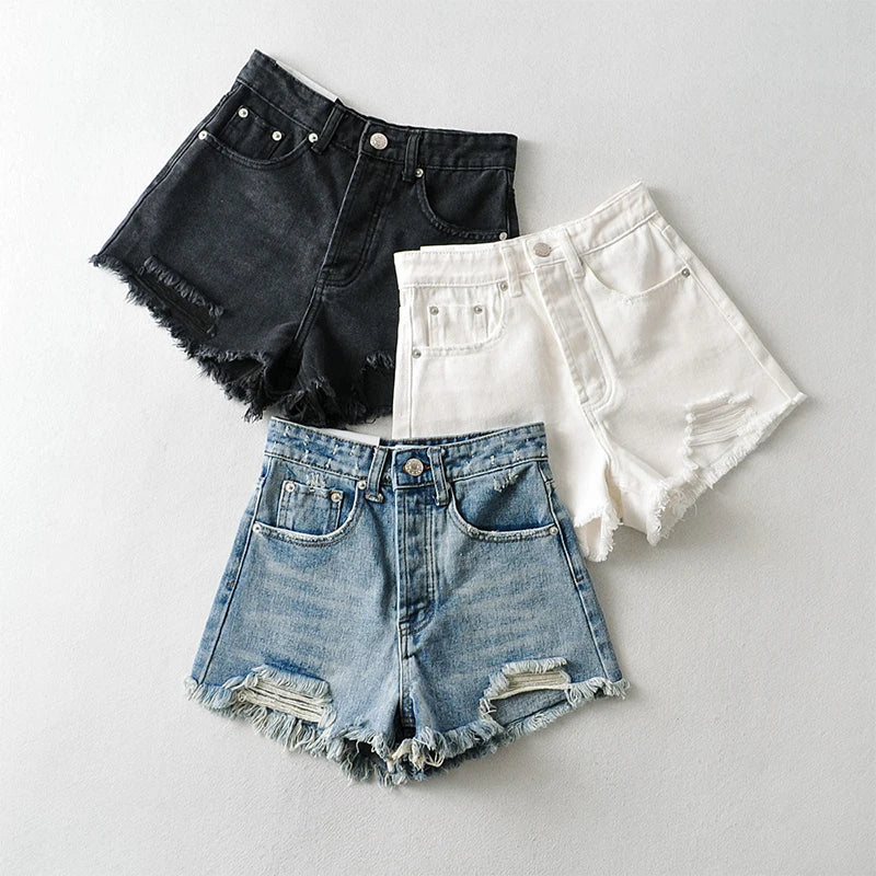 Denim Shorts Women Tassel Raw Edge Distress Jean Shorts Casual High Waist Pocket Shorts