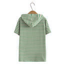 Women Summer Cotton Stripe Hooded Tees Short Sleeve Tops Oversized Curve Clothes