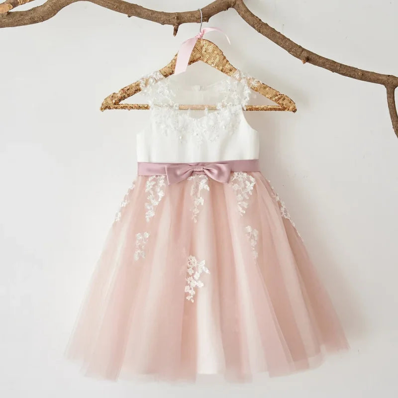 Flower Girl Dresses White Pink Tulle Appliques With Bow Ribbon Sleeveless For Wedding Birthday Banquet