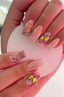 24Pcs Long Ballet Nail Stickers Blue Orange Flowers Pattern Press on Nails Spring Removable Acrylic False Nails Fashion Manicure