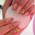 24Pcs Long Ballet Nail Stickers Blue Orange Flowers Pattern Press on Nails Spring Removable Acrylic False Nails Fashion Manicure