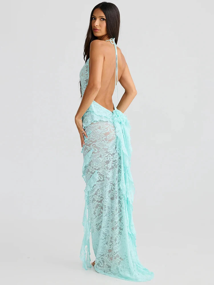 Lace Backless Dress Women Gown Halter Lace-up Bodycon Elegant Ruffle Dress
