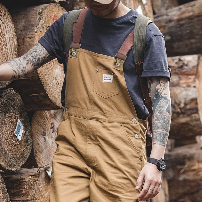 Mens workwear pants Japanese retro work clotheskhaki color suspendersspring canvasmen's fashion large lengthpants pure cotton100