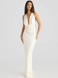 Satin Halter Backless Maxi Dress Women Gown Elegant Lace-up High Waist Evening Club Long Dress