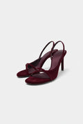 Pair of maroon high-heeled sandals on a white background, Obroi