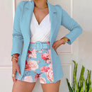 Women Blazer Shorts Set Solid Thin Coat High Waist Flower Short Pants Commute Cardigan Style Lady Outfit
